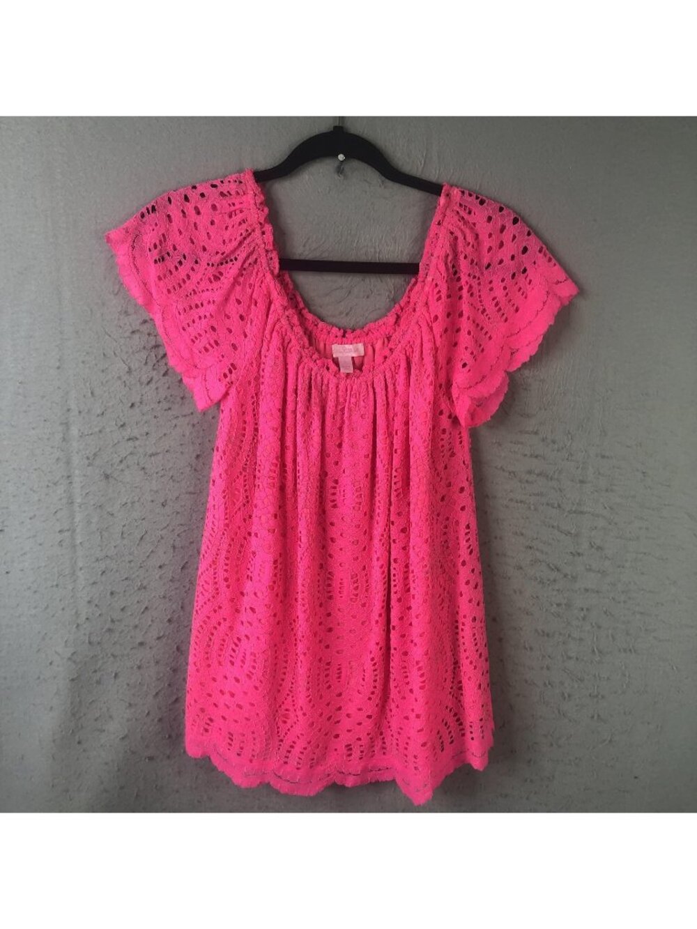 Lilly Pulitzer Dress Womens L Pink Lace Eyelet Trapeze Swing Flutter Sleeve